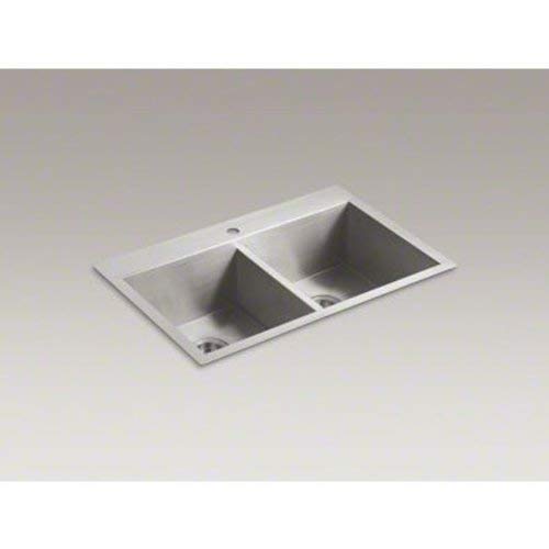 KOHLER Vault Stainless Steel 33" Double-Bowl Kitchen Sink with Single Faucet Hole K-3820-1-NA Drop-In or Undermount Installation, 9 inch Bowl