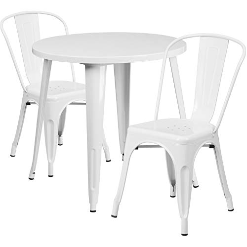 Flash Furniture 30'' Round White Metal Indoor-Outdoor Table Set with 2 Cafe Chairs