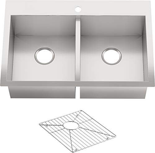 KOHLER Vault Stainless Steel 33" Double-Bowl Kitchen Sink with Single Faucet Hole K-3820-1-NA Drop-In or Undermount Installation, 9 inch Bowl