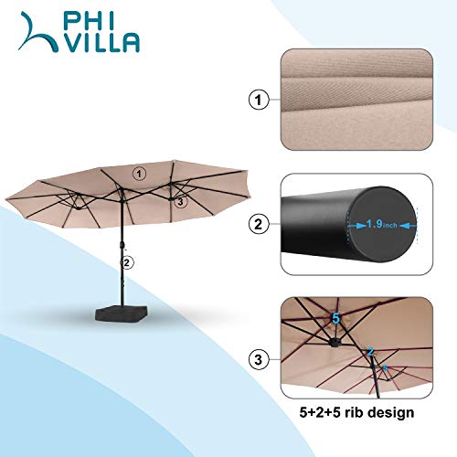 PHI VILLA 15ft Patio Umbrella Double-Sided Outdoor Market Extra Large Umbrella with Crank, Umbrella Base Included (Beige)
