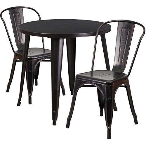 Flash Furniture 30'' Round Black-Antique Gold Metal Indoor-Outdoor Table Set with 2 Cafe Chairs