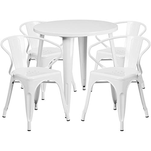 Flash Furniture 30'' Round White Metal Indoor-Outdoor Table Set with 4 Arm Chairs