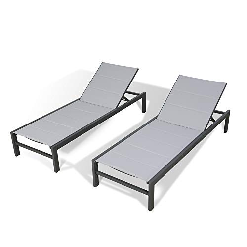 Peak Home Furnishings 2 Pieces Outdoor Padded Aluminum Chaise Lounge Patio Sling Sun Lounger Set Reclining Chair with Wheels and Quick Dry Foam (Gray)
