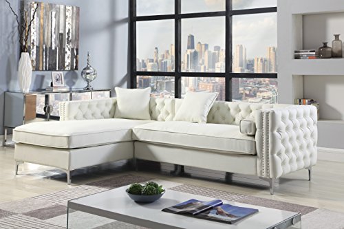 Iconic Home Da Vinci Left Hand Facing Sectional Sofa L Shape Chaise PU Leather Button Tufted with Silver Nailhead Trim Silvertone Metal Leg with 3 Accent Pillows, Modern Contemporary, Cream