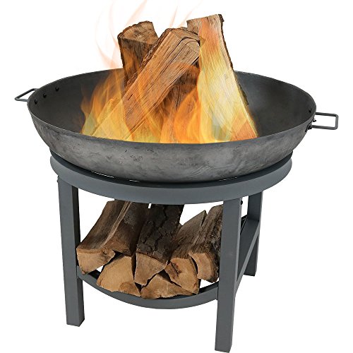 Sunnydaze Cast Iron Round Fire Pit Bowl with Built-in Log Rack - Outdoor Wood Burning Fireplace - 30 Inch