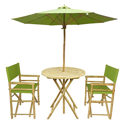Zew Handmade 4 Piece Bamboo Outdoor Bistro Set, 2 Folding Director Chairs, 1 Round Table and 1 Umbrella, Red