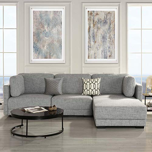 Casa AndreaMilano Modular Convertible Reversible 3 Piece (Custom Couch Feature) Modern L-Shaped Sectional 2pc Loveseat to Chaise Ottoman Sofa, Light Grey