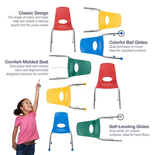 Factory Direct Partners FDP 10" School Stack Chair, Stacking Student Chairs with Chromed Steel Legs and Nylon Swivel Glides - Assorted Colors (6-Pack), 10 inch (10358-AS)