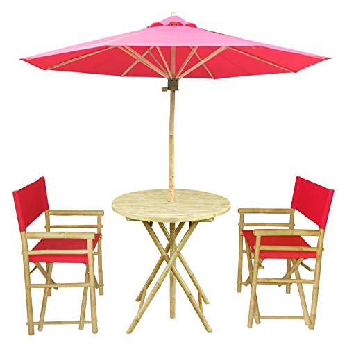 Zew Handmade 4 Piece Bamboo Outdoor Bistro Set, 2 Folding Director Chairs, 1 Round Table and 1 Umbrella, Red