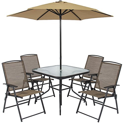 Best Choice Products 6-Piece Outdoor Folding Steel Fabric Patio Dining Set w/Table, 4 Chairs, Umbrella, and Built-in Base, Tan