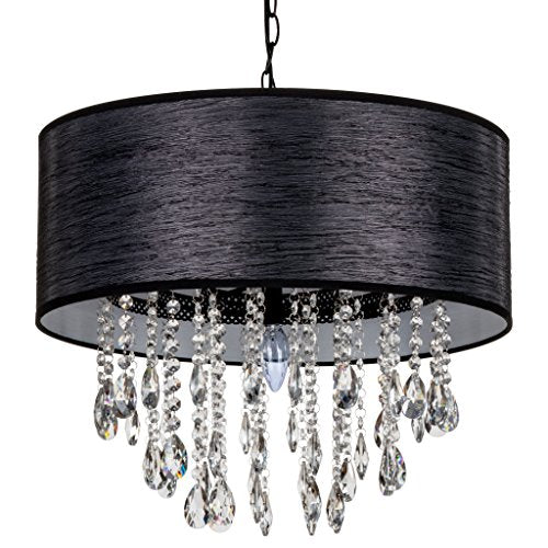 Amalfi Decor 5 Light Crystal Beaded Chandelier with Drum Shade, LED Wrought Iron K9 Glass Pendant Light Fixture Contemporary Nursery Kids Room Dimmable Plug in Hanging Ceiling Lamp, Silver