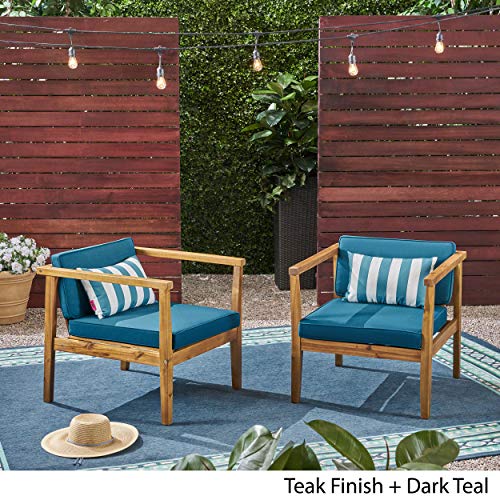 Blake Outdoor Acacia Wood Club Chairs with Water-Resistant Cushions (Set of 2), Teak and Dark Teal