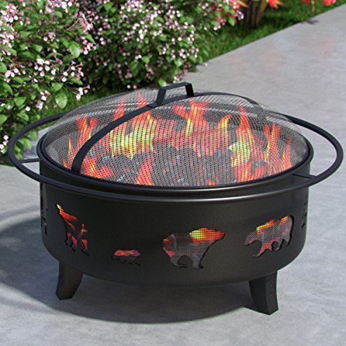 Wild Bear 35” Portable Outdoor Fireplace Fire Pit Ring for Backyard Patio Fire, RV, Patio Heater, Stove, Camping, Bonfire, Picnic, Firebowl No Propane, Includes Safety Mesh Cover, Poker Stick