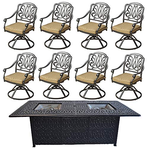 Cast Aluminum 9 Piece Outdoor Dining Set with Fire Pit Table and Swivel Rocker Chairs Sunbrella Seat Cushions.